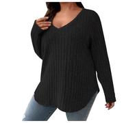 2026 Moda casual - Producto novedoso de invierno para mujer, color sólido, talla grande, top con cuello en V, manga larga, camiseta cepillada, suéter para mujer, Negro , XXL
