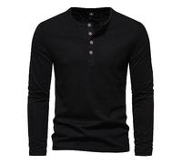 2026 Moda Hombre Simple Casual Botón Jersey Camiseta de Manga Larga, Negro , XL