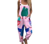 2026 Mono Mujer con Patrón Flora, Mono de lino suelto e informal para mujer con tirantes ajustables y bolsillos, mono de trabajo verano fluido elegante, pantalones impresos de gran tamaño, 02-azul
