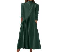2026 Mujer Manga Larga Cuello Alto Suéter Vestidos Casuales Invierno Suelto Plisado Color Sólido Swing Vestido Midi con Bolsillos Mujer, verde, M