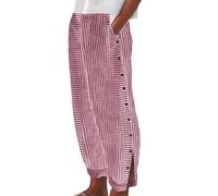 2026 Mujer Moda Verano Estampado a Rayas Botón Casual Versátil Holgado Pantalones Largos Pantalones Azules Señoras Elástico, rojo, 3XL