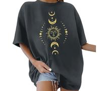 2026 Mujer Oversized Cuello Redondo Manga Corta Letras de los años 80 Impreso Lazo Flores Sol Luna Patrón Verano Blusa Tops Retro Años 80 Holgada Camiseta Básica, gris, S
