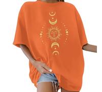 2026 Mujer Oversized Cuello Redondo Manga Corta Letras de los años 80 Impreso Lazo Flores Sol Luna Patrón Verano Blusa Tops Retro Años 80 Holgada Camiseta Básica, naranja, XXL