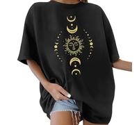 2026 Mujer Oversized Cuello Redondo Manga Corta Letras de los años 80 Impreso Lazo Flores Sol Luna Patrón Verano Blusa Tops Retro Años 80 Holgada Camiseta Básica, Negro , L
