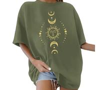 2026 Mujer Oversized Cuello Redondo Manga Corta Letras de los años 80 Impreso Lazo Flores Sol Luna Patrón Verano Blusa Tops Retro Años 80 Holgada Camiseta Básica, verde, XL
