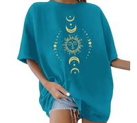 2026 Mujer Oversized Cuello Redondo Manga Corta Letras de los años 80 Impreso Lazo Flores Sol Luna Patrón Verano Blusa Tops Retro Años 80 Holgada Camiseta Básica, azul celeste, M