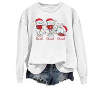 2026 Mujeres Casual Cuello Redondo Navidad Copa de Vino Nieve Gorro de Navidad Estampado Sudadera con Capucha, Blanco, L