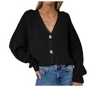 2026 Mujeres e Invierno Clásico Estilo Casual V-Cuello Color Sólido Botón Chaqueta de Punto Patrón de Trenza Abrigo de Punto Hueco, Negro , S