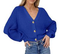 2026 Mujeres e Invierno Clásico Estilo Casual V-Cuello Color Sólido Botón Chaqueta de Punto Patrón de Trenza Abrigo de Punto Hueco, azul, XL