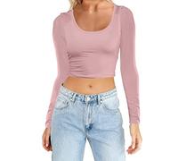 2026 - Mujeres Moda Ligero Yoga Crop Tops Slim Fit Manga Larga Entrenamiento Camisetas Blusa Blusa sin cordones, Rosa., L