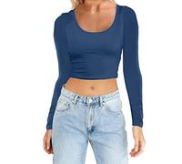2026 - Mujeres Moda Ligero Yoga Crop Tops Slim Fit Manga Larga Entrenamiento Camisetas Blusa Blusa sin cordones, marine, L