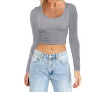 2026 - Mujeres Moda Ligero Yoga Crop Tops Slim Fit Manga Larga Entrenamiento Camisetas Blusa Negra Camiseta de Rayas para Mujer, gris, S