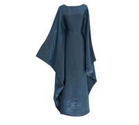 2026 Mujeres Musulmanas Dubai Primavera Verano Reunión Fiesta Glitter Tela Cuello Redondo Cinturón Vestido Túnica, azul, S