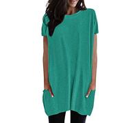 2026 Mujeres Verano Casual Sólido Suéter Suelto Cuello Redondo Camisas Manga Corta Túnica Tops Blusa con Bolsillos Camiseta Fitness Mujer, verde, XXL