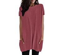 2026 Mujeres Verano Casual Sólido Suéter Suelto Cuello Redondo Camisas Manga Corta Túnica Tops Blusa con Bolsillos Camiseta Fitness Mujer, Rosa intenso., XXL