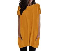 2026 Mujeres Verano Casual Sólido Suéter Suelto Cuello Redondo Camisas Manga Corta Túnica Tops Blusa con Bolsillos Camiseta Fitness Mujer, amarillo, XXL