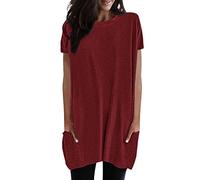 2026 Mujeres Verano Casual Sólido Suéter Suelto Cuello Redondo Camisas Manga Corta Túnica Tops Blusa con Bolsillos Camiseta Fitness Mujer, Vino, XXL