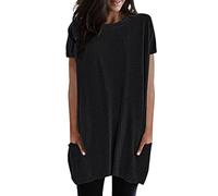 2026 Mujeres Verano Casual Sólido Suéter Suelto Cuello Redondo Camisas Manga Corta Túnica Tops Blusa con Bolsillos Camiseta Fitness Mujer, Negro , XXL