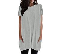 2026 Mujeres Verano Casual Sólido Suéter Suelto Cuello Redondo Camisas Manga Corta Túnica Tops Blusa con Bolsillos Camiseta Fitness Mujer, gris, XXL
