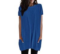 2026 Mujeres Verano Casual Sólido Suéter Suelto Cuello Redondo Camisas Manga Corta Túnica Tops Blusa con Bolsillos Camiseta Fitness Mujer, azul, XXL