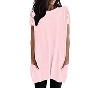 2026 Mujeres Verano Casual Sólido Suéter Suelto Cuello Redondo Camisas Manga Corta Túnica Tops Blusa con Bolsillos Camiseta Fitness Mujer, Rosa., XXL