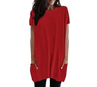 2026 Mujeres Verano Casual Sólido Suéter Suelto Cuello Redondo Camisas Manga Corta Túnica Tops Blusa con Bolsillos Camiseta Fitness Mujer, rojo, XXL