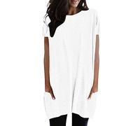 2026 Mujeres Verano Casual Sólido Suéter Suelto Cuello Redondo Camisas Manga Corta Túnica Tops Blusa con Bolsillos Camiseta Fitness Mujer, Blanco, XXL