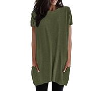 2026 Mujeres Verano Casual Sólido Suéter Suelto Cuello Redondo Camisas Manga Corta Túnica Tops Blusa con Bolsillos Camiseta Fitness Mujer, Verde militar., XXL