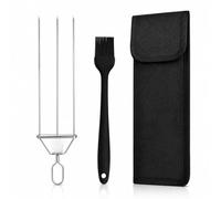 2026 NEW 3 Way Grill Skewers with Storage Bag & Basting Brush, No-Spin 3 Prong Stainless Steel BBQ Skewers with Push Slider Bar, Reusable Metal Kabab Skewers for Meat & Veggies (1PC)