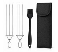 2026 NEW 3 Way Grill Skewers with Storage Bag & Basting Brush, No-Spin 3 Prong Stainless Steel BBQ Skewers with Push Slider Bar, Reusable Metal Kabab Skewers for Meat & Veggies (2PCS)