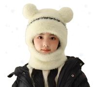 2026 New Bear Mask Cap 3 in 1 - Cute Warm Winter Beanie Scarf Mask, Plush Fleece Balaclava for Women & Kids (White)