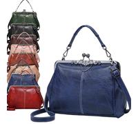 2026 New Elegant Waterproof Women’s Leather Kiss-Lock Tote Handbag,Oil Wax PU Leather Handbag,Vintage Crossbody Shoulder Bag (Blue)