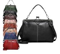 2026 New Elegant Waterproof Women’s Leather Kiss-Lock Tote Handbag,Oil Wax PU Leather Handbag,Vintage Crossbody Shoulder Bag (Black)