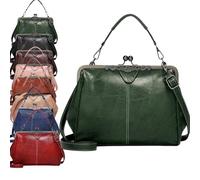 2026 New Elegant Waterproof Women’s Leather Kiss-Lock Tote Handbag,Oil Wax PU Leather Handbag,Vintage Crossbody Shoulder Bag (Green)