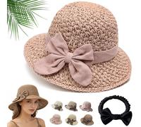 2026 New Elegant Woven Straw Sun Hat with Bow, Versatile Retro Handmade Beach Straw Hat for Women, Crushable & Breathable (Pink-B)
