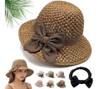 2026 New Elegant Woven Straw Sun Hat with Bow, Versatile Retro Handmade Beach Straw Hat for Women, Crushable & Breathable (Khaki-B)