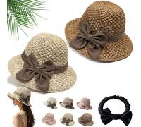2026 New Elegant Woven Straw Sun Hat with Bow, Versatile Retro Handmade Beach Straw Hat for Women, Crushable & Breathable (2PCS-F)
