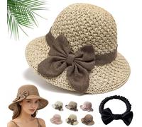 2026 New Elegant Woven Straw Sun Hat with Bow, Versatile Retro Handmade Beach Straw Hat for Women, Crushable & Breathable (Beige-B)
