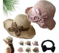 2026 New Elegant Woven Straw Sun Hat with Bow, Versatile Retro Handmade Beach Straw Hat for Women, Crushable & Breathable (2PCS-B)