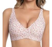 2026 New Jelly Leopard Bra Deep V Push up Seamless T-Shirt Bra High Support Wide Strap Comfy Bras Everyday Bras (Pink Leopard,L)
