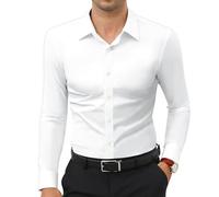 2026 New Marcivo Dress Shirt Men's Solid Long Sleeve Wrinkle-Free Casual Button Down Shirts Men's Stretch Dress Shirt (White,M)