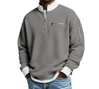2026 New Men's Casual Fashion Up Collar Contrasting Zipper Sweatshirt Collar Cable Knitted Vintage T-Shirt with Pockets (Gray,4XL)