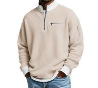 2026 New Men's Casual Fashion Up Collar Contrasting Zipper Sweatshirt Collar Cable Knitted Vintage T-Shirt with Pockets (Beige,M)