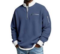 2026 New Men's Casual Fashion Up Collar Contrasting Zipper Sweatshirt Collar Cable Knitted Vintage T-Shirt with Pockets (Blue,5XL)