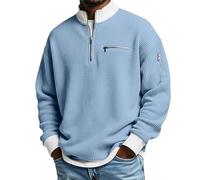2026 New Men's Casual Fashion Up Collar Contrasting Zipper Sweatshirt Collar Cable Knitted Vintage T-Shirt with Pockets (Light Blue,XL)