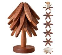 2026 New Natural Wood Tree Trivet Set, Wooden Trivets for Hot Dishes, 4 Wooden Trivets & 1 Stand Like a Christmas Tree for Pot, Bowl, Teapot, Hot Pot Set, Non-Slip Design (Drak Brown)