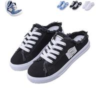 2026 New Women's Denim Mule Sneakers Slip-On Canvas Mules Non Slip Sports Preppy Flat Backless Shoes Comfortable Sole Round Toe (Black,39)