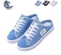 2026 New Women's Denim Mule Sneakers Slip-On Canvas Mules Non Slip Sports Preppy Flat Backless Shoes Comfortable Sole Round Toe (Blue,40)