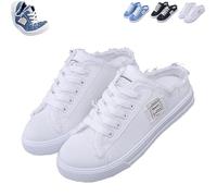 2026 New Women's Denim Mule Sneakers Slip-On Canvas Mules Non Slip Sports Preppy Flat Backless Shoes Comfortable Sole Round Toe (White,42)