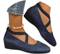 2026 New Womens Pointed Toe Ballet Wedge Dress Shoes Round Toe Comfy Pump, Women's Comfy Elastic Crisscross Strap Wedge Slip-On Shoes (Blue,37)